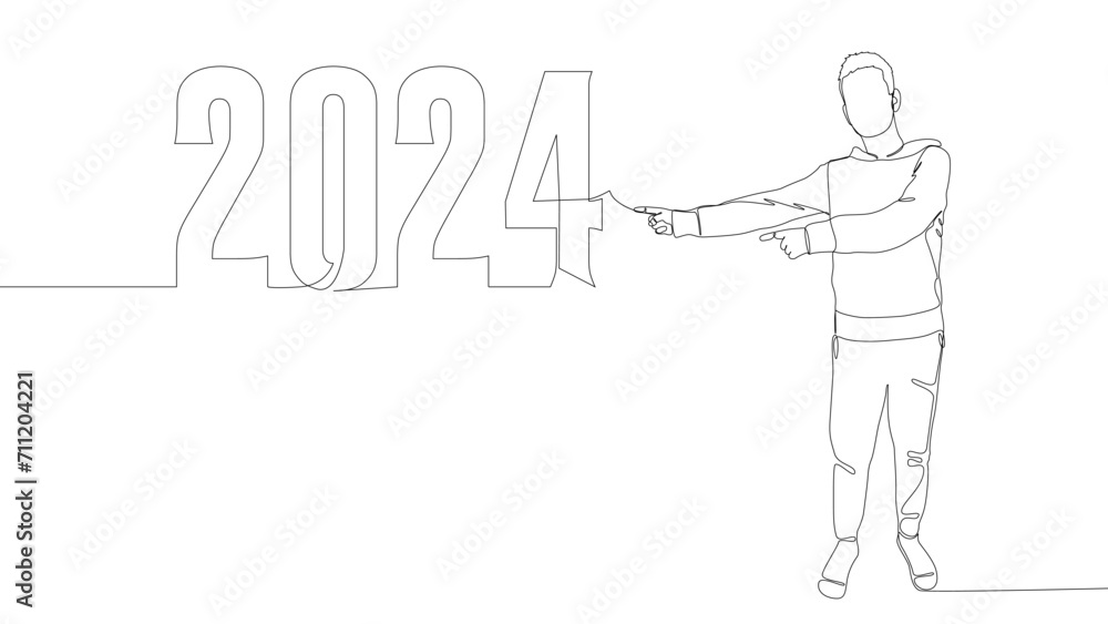 One continuous line of Man pointing with finger at number 2024. Thin Line Illustration vector concept. Contour Drawing Creative ideas. One continuous line of Man pointing with finger at number 2024. Thin Line Illustration vector concept. Contour Drawing Creative ideas.