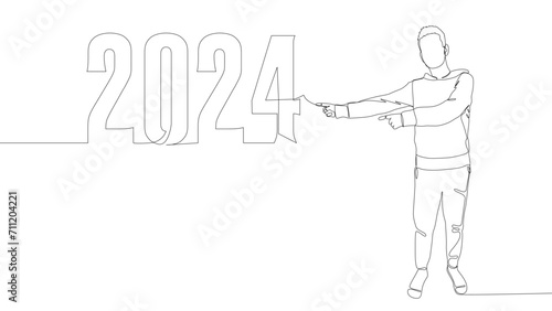 One continuous line of Man pointing with finger at number 2024. Thin Line Illustration vector concept. Contour Drawing Creative ideas.