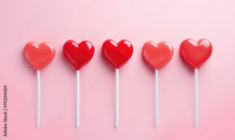 Heart shape red lollipop candies on pastel pink background. Sweet and romantic background or banner for Valentine's Day. Love concept. Flat lay composition with copy space, top view Heart shape red lollipop candies on pastel pink background. Sweet and romantic background or banner for Valentine's Day. Love concept. Flat lay composition with copy space, top view