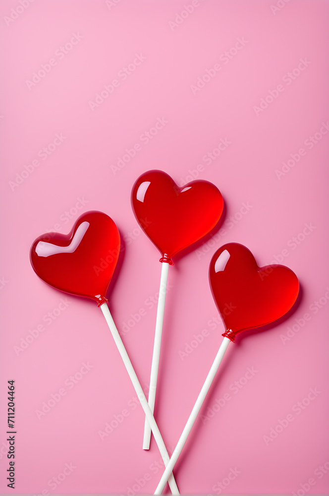 Heart shape red lollipop candies on pastel pink background. Sweet and romantic background or banner for Valentine's Day. Love concept. Flat lay composition with copy space, top view