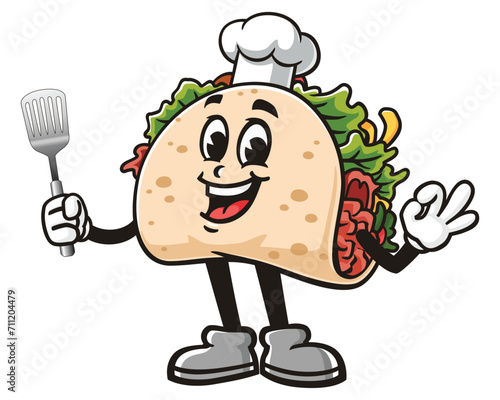 Taco with a spatula and wearing a chef's hat cartoon mascot illustration character vector clip art logo hand drawn