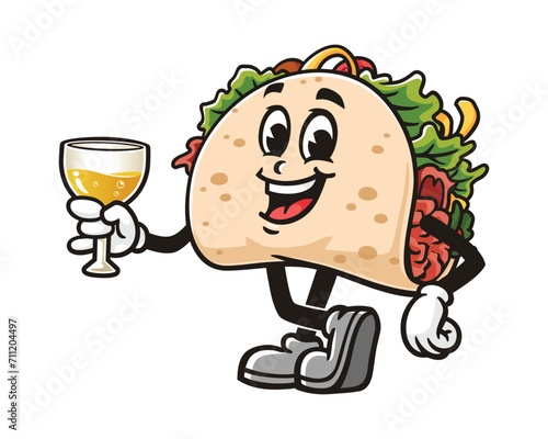 Taco with a glass of drink cartoon mascot illustration character vector clip art logo hand drawn