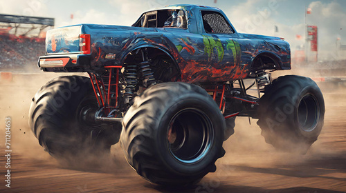 A monster truck is flying over a building with the words monster truck on it, Bigfoot monster truck on wasteland junkyard. Neural network, Monster truck crushing cars showcasing its power photo