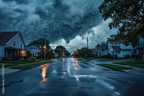 Quiet Suburban Street, Storm Clouds, Lightning, Thunderstorm, Ominous Sky, Residential Area, Weather Phenomenon, Atmospheric, Neighborhood Silence, Eerie Calm, Nature's Power, Electrical Storm,  © hisilly
