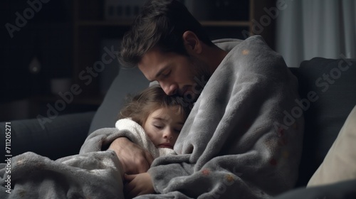 man take care of little ill daughter. Sick child lying on bed under blanket, with worried. single dad taking care of sick daughter at home. child has a high fever. covers on the couch and ill