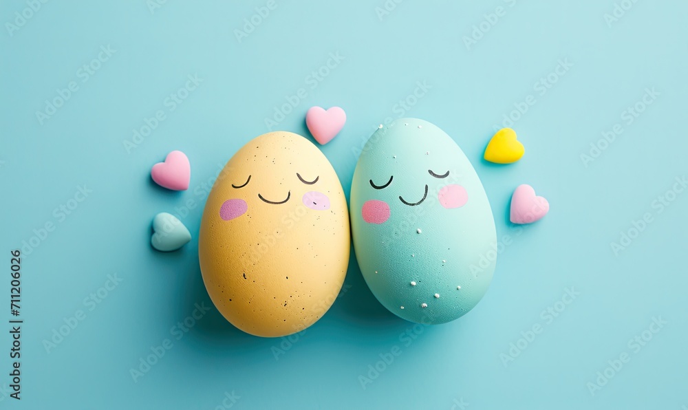 Easter Love: Adorable Hugging Eggs Embrace the Joy of the Season on Light Blue Background, This charming image captures the whimsy and joy of Easter, 