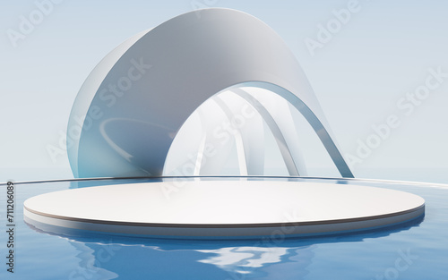 Creative geometry building with water surface, 3d rendering.