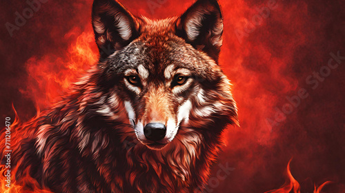 Gray wolf head with red eyes in flames on dark background, The wolf is a wolf that is in the wild © Muneeb