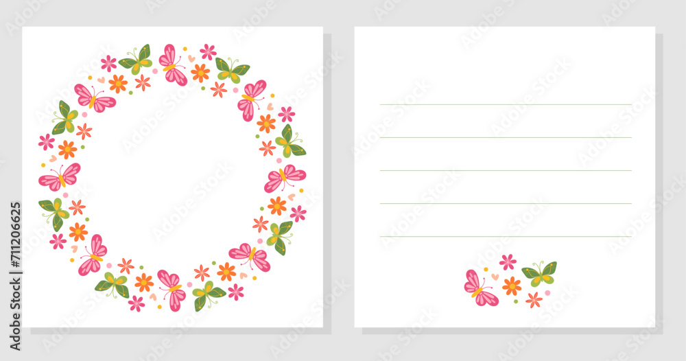 Spring round frame with flowers and butterflies. International Women's Day. March 8. Mothers Day. Double sided greeting card, invitation, sale, label, wedding, birthday. Decorative vector wreath.