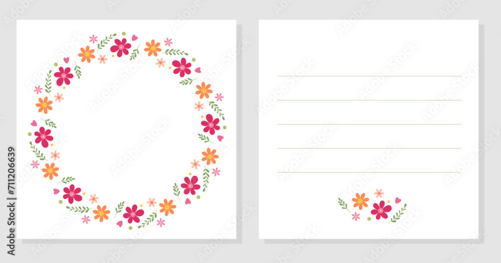 Fototapeta premium Spring double sided card with flowers. International Women's Day. March 8. Mothers Day. Greeting card, invitation, sale, label, wedding, birthday. Decorative round frame. Vector illustration.