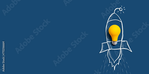 Fototapeta Naklejka Na Ścianę i Meble -  Idea light bulb flying to the sky like a rocket - Flat lay