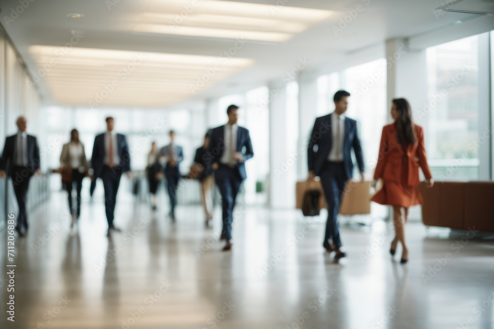 Silhouettes of crowd of business people executives walking in office building interior lobby moving with blurry generative ai