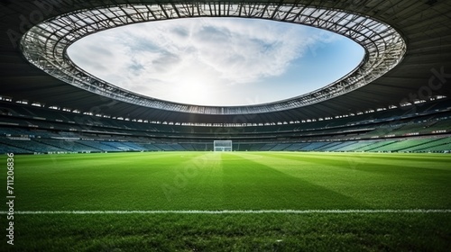 Football stadium with green grass covering and large open roof under cloudy sky