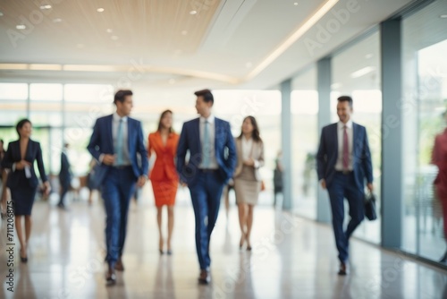 Silhouettes of crowd of business people executives walking in office building interior lobby moving with blurry generative ai