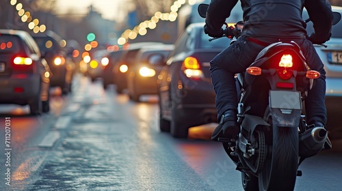 Motorcyclist conquering city traffic on a powerful bike photo