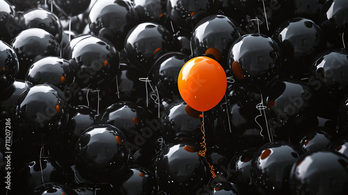 A lone orange balloon floats amid a sea of black balloons, a vivid contrast that draws the eye. Its vibrant hue stands out, symbolizing uniqueness in the midst of darkness. photo