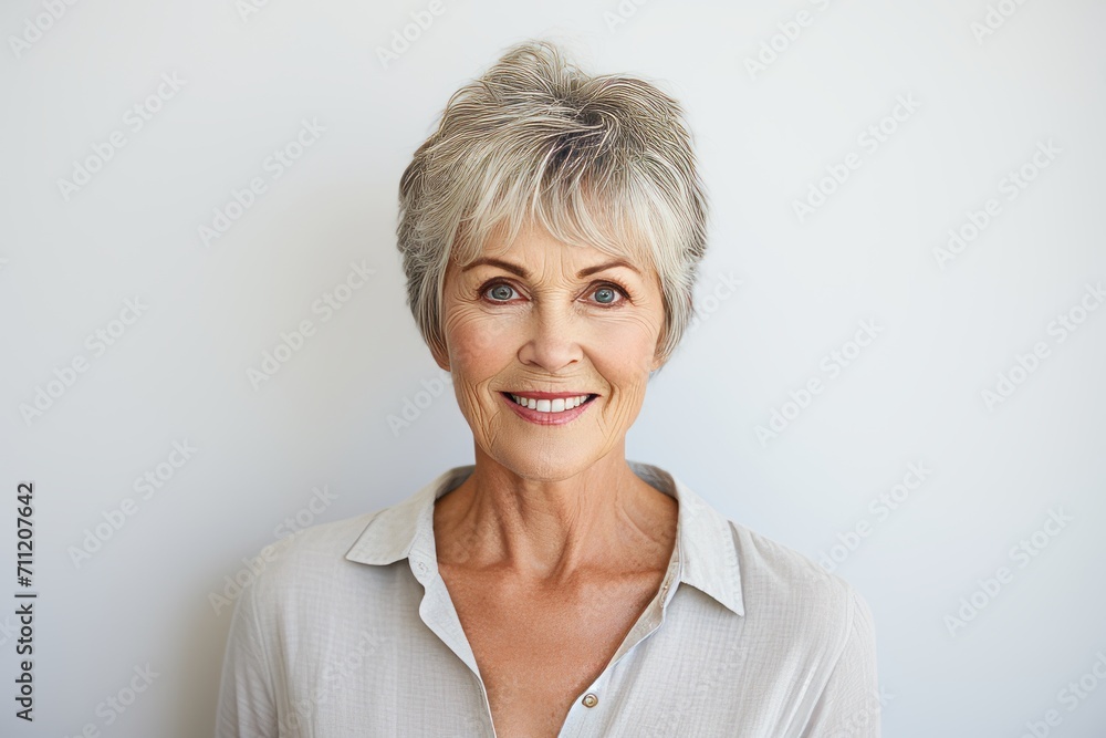 Portrait of a beautiful senior woman smiling at the camera while standing against grey background Portrait of a beautiful senior woman smiling at the camera while standing against grey background