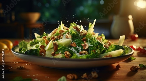 The salad is generously adorned with a sprinkling of toasted pine nuts, which lend a toasty and slightly sweet flavor to each forkful.