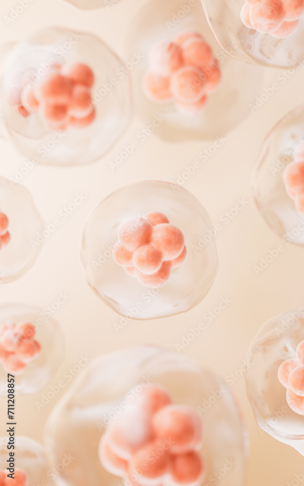 Transparent cell with biotechnology and cosmetic concept, 3d rendering. Transparent cell with biotechnology and cosmetic concept, 3d rendering.