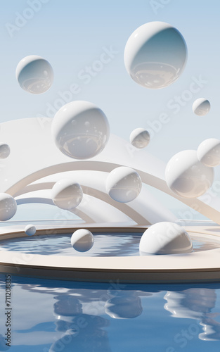 Fototapeta Naklejka Na Ścianę i Meble -  Floating balls and water surface background, 3d rendering.