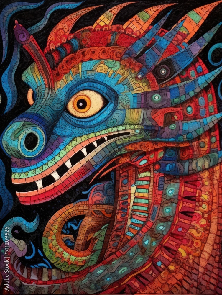 Vibrant dragon art with intricate patterns and bold colors