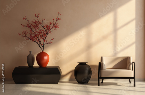 modern living room 3d render, in the style of light bronze and light beige, minimalist still life, light orange and light black, luminous shadows, nature morte, light beige © HJ