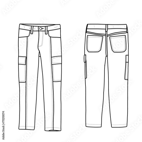 Men's pocket cargo trousers front and back view, flat sketch fashion illustration