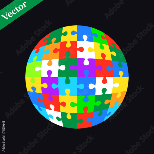 Colorful spherical puzzle stock vector isolated on black background.