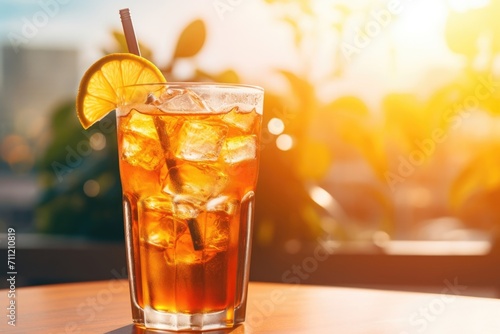 With its striking amber hue, this soda radiates a warm and inviting glow, promising a burst of refreshment and a taste that is reminiscent of sunny summer days. photo