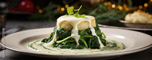 A masterpiece on the plate, this creamed spinach creation showcases velvetysmooth spinach adorned with a drizzle of luxurious cream sauce, promising an unforgettable culinary journey. photo