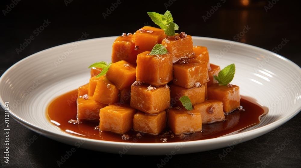 In an artfully arranged shot, candied yam cubes are delicately p on a pristine white plate, showcasing their entrancing shine and delectable caramelization. In an artfully arranged shot, candied yam cubes are delicately p on a pristine white plate, showcasing their entrancing shine and delectable caramelization.