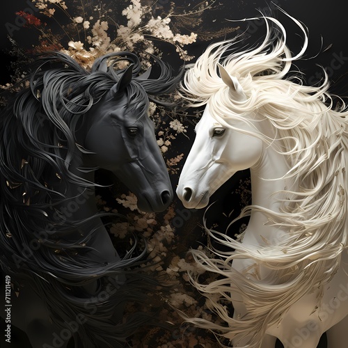 elegant and majestic horses painting with white and black horse, modern art, wall art