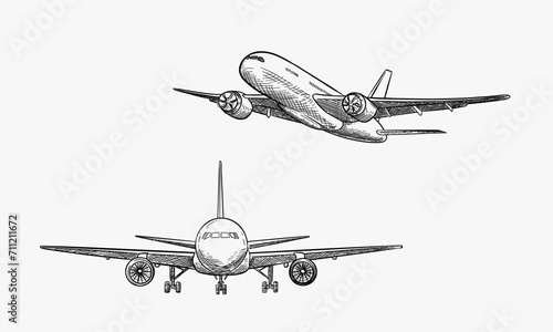 Plane flies in sky clouds, vector sketch illustration. Air travel, tourism flight, plane tickets booking hand drawn isolated design elements