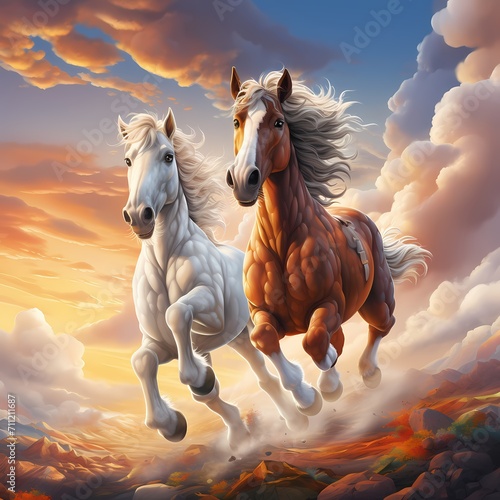 Photographie classic 2 horses brown and white painting galloping