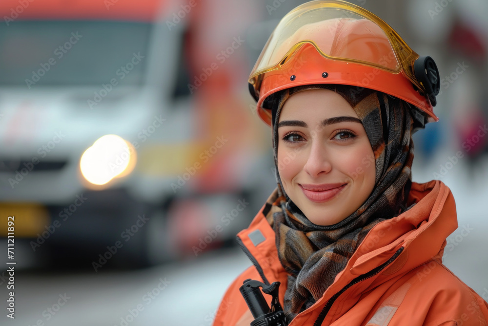 Arab woman wearing Emergency Services Dispatcher uniform on duty Arab woman wearing Emergency Services Dispatcher uniform on duty
