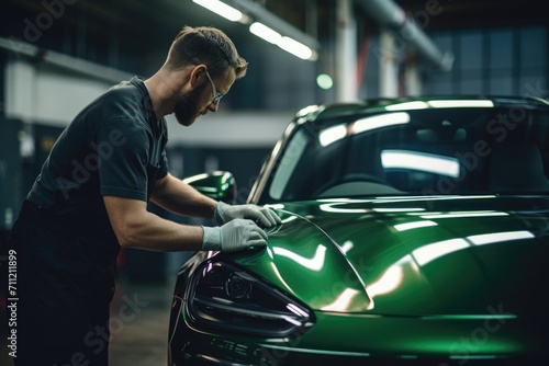 Car service worker applies nano coating on car detail. photo