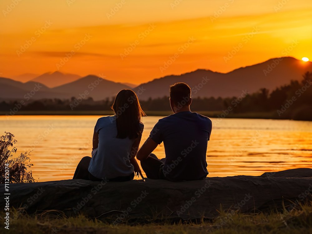 Silhouettes behind a couple, sitting on the riverbank watching the beautiful sunset, along the mountains.