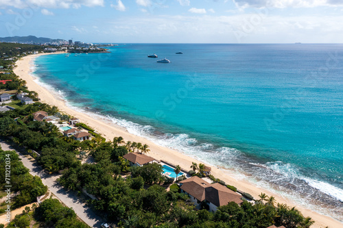 Aerial drone photos of islands in the Caribbean with blue sky and ocean