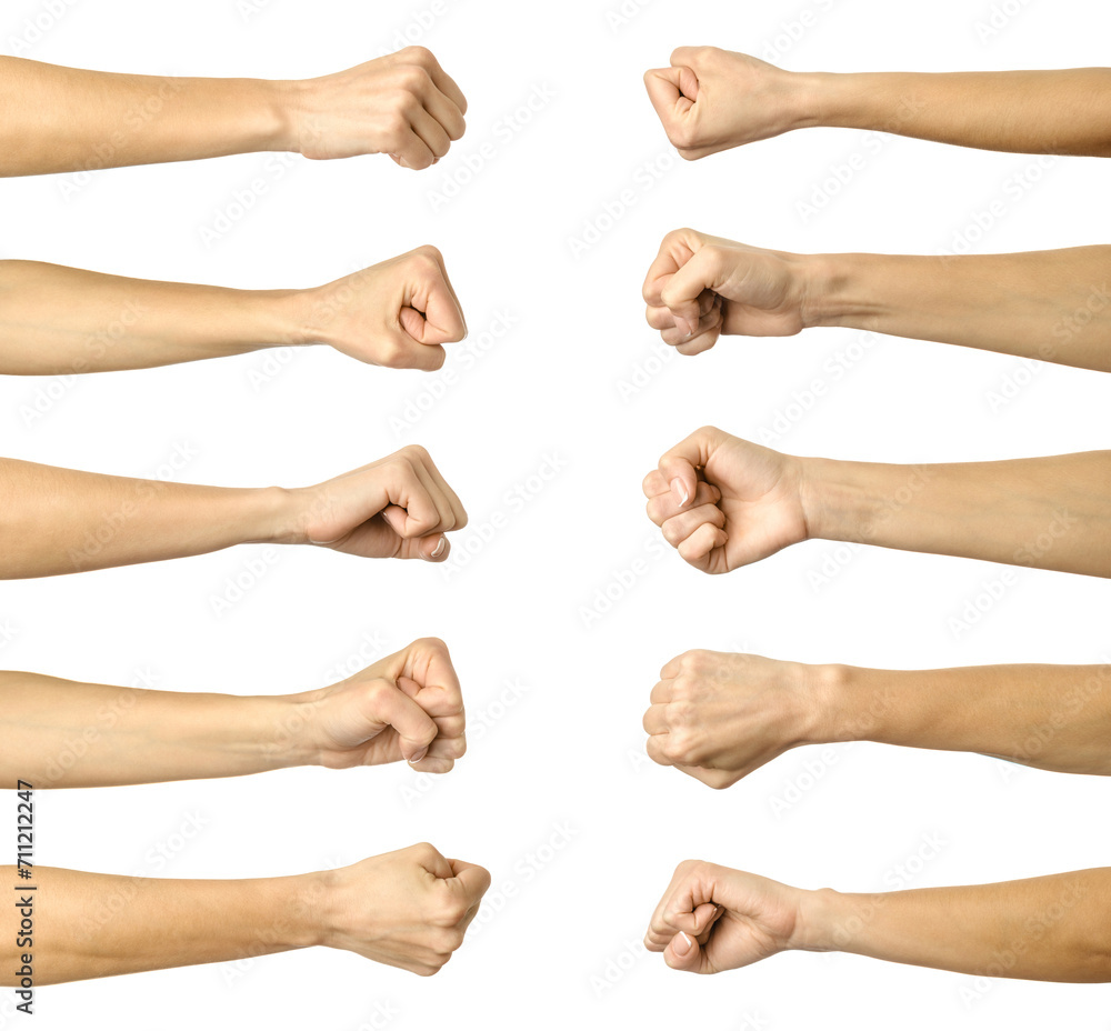 Fist. Multiple images set of female caucasian hand with french manicure showing fist gesture Fist. Multiple images set of female caucasian hand with french manicure showing fist gesture