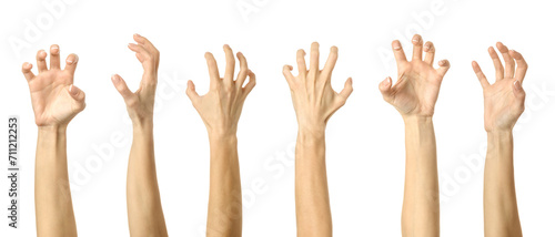 Scratch, catch or grab something. Multiple images set of female caucasian hand with french manicure showing Scratch gesture