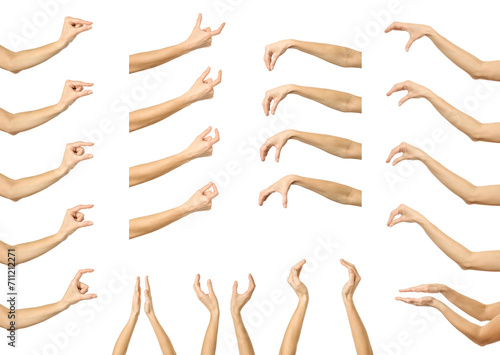Hands measuring invisible items gesture. Multiple images set of female caucasian hand with french manicure Hands measuring something