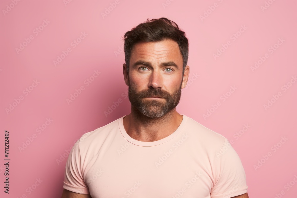Portrait of a handsome bearded man looking at camera while standing against pink background Portrait of a handsome bearded man looking at camera while standing against pink background