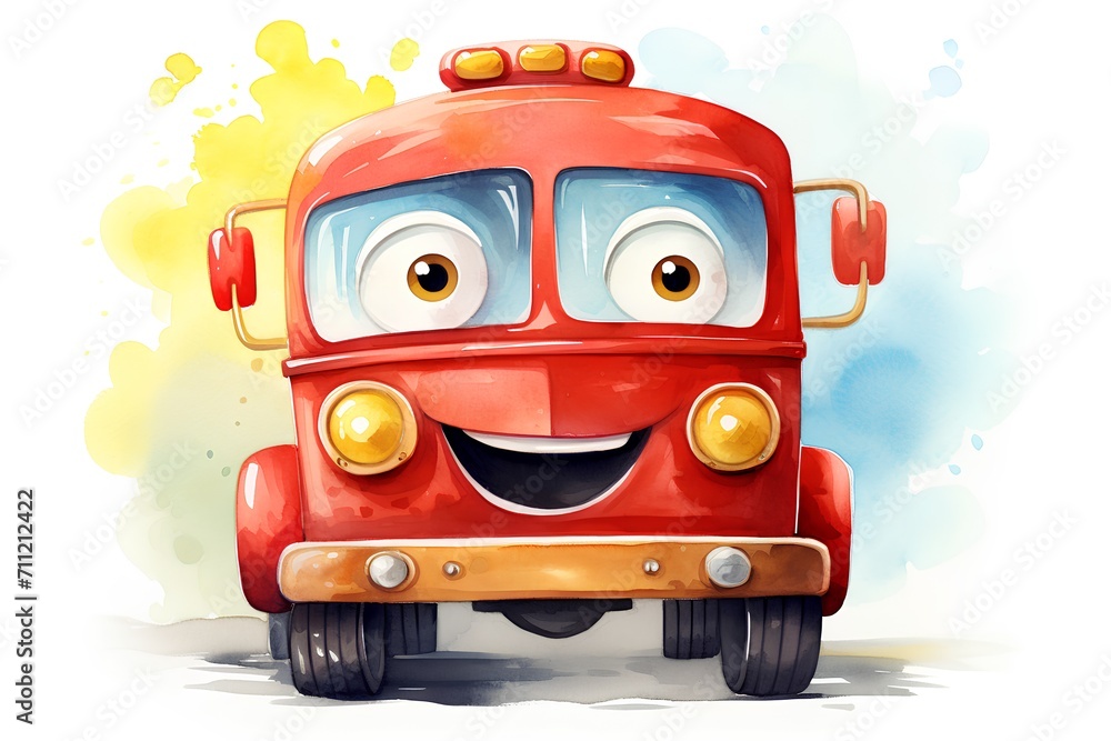 © hungryai - cartoon funny red school bus on white background - illustration for children