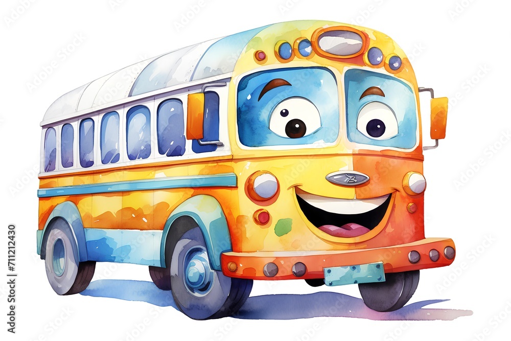 cartoon school bus with smiling face, watercolor illustration on a white background