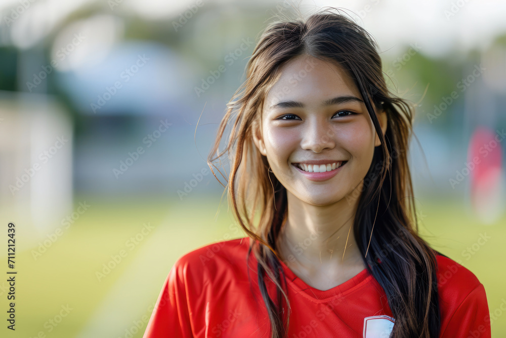 Asian woman wearing soccer player or supporter attribute uniform Asian woman wearing soccer player or supporter attribute uniform