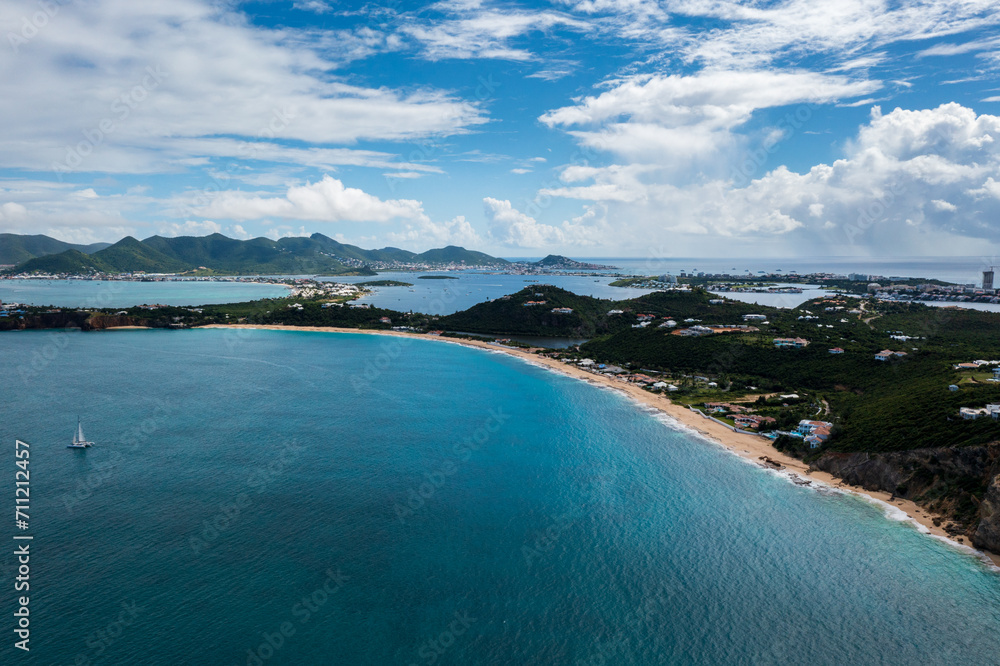 Fototapeta premium Aerial drone photos of islands in the Caribbean with blue sky and ocean