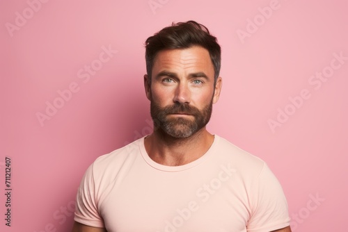 Portrait of a handsome bearded man looking at camera while standing against pink background © Inigo