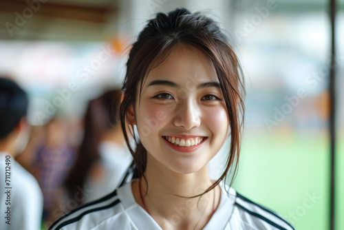 Asian woman wearing soccer player or supporter attribute uniform