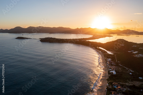 Aerial drone photos of islands in the Caribbean with blue sky and ocean