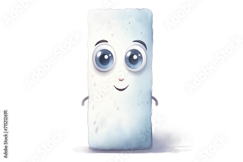 Cartoon ice cube with smiling face isolated on white background. Watercolor illustration